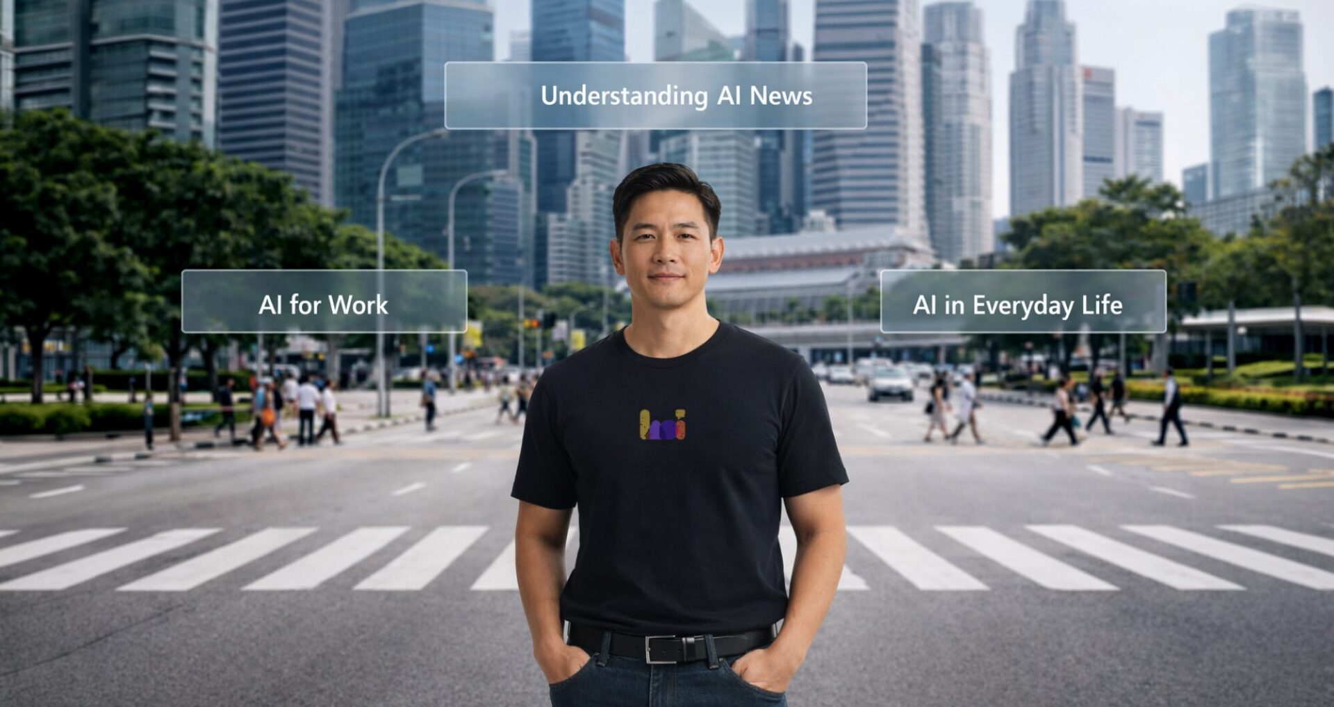 A professional man in a Heicoders Academy t-shirt stands confidently at a Singapore CBD crosswalk, with three floating labels around him: "Understanding AI News", "AI for Work", and "AI in Everyday Life" — representing the three practical takeaways from learning about the 7 types of AI