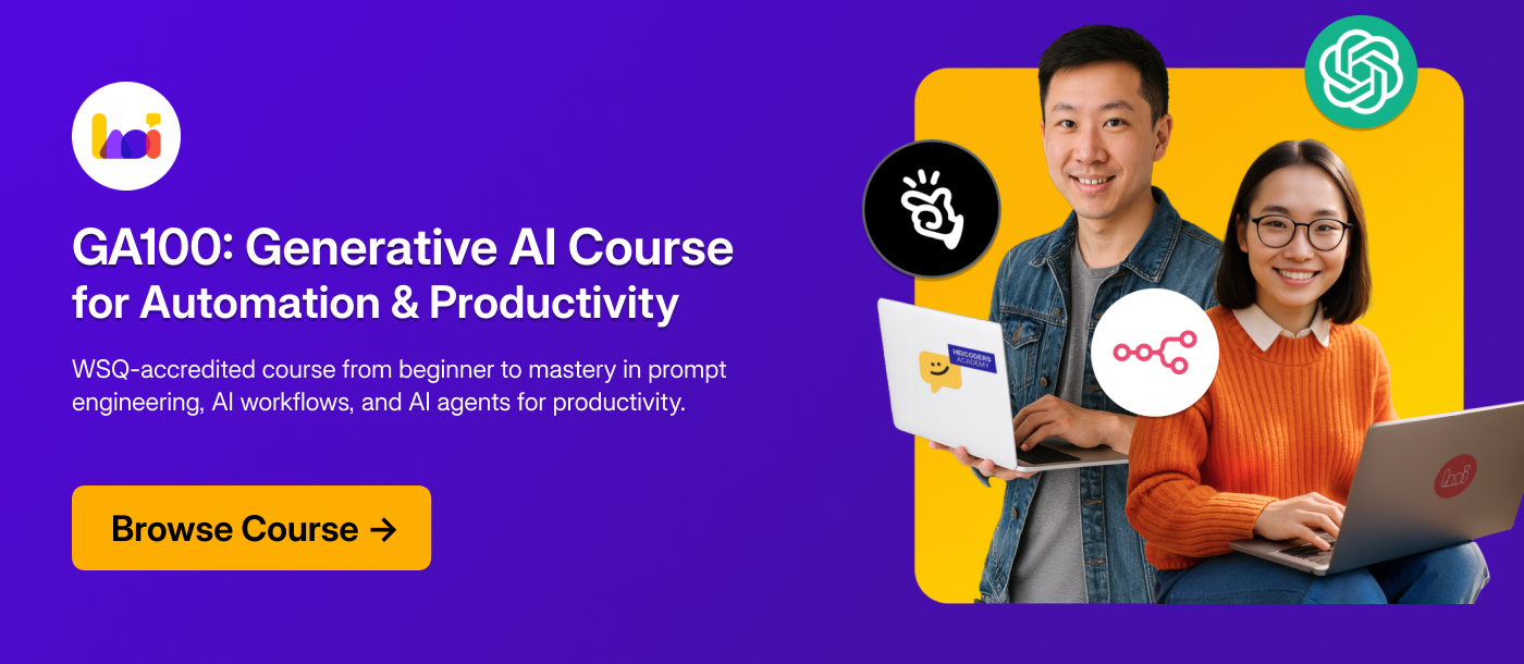 Heicoders Academy GA100: Generative AI Course for Automation and Productivity — WSQ-accredited course banner featuring two students with laptops and AI tool icons including ChatGPT, with a Browse Course button