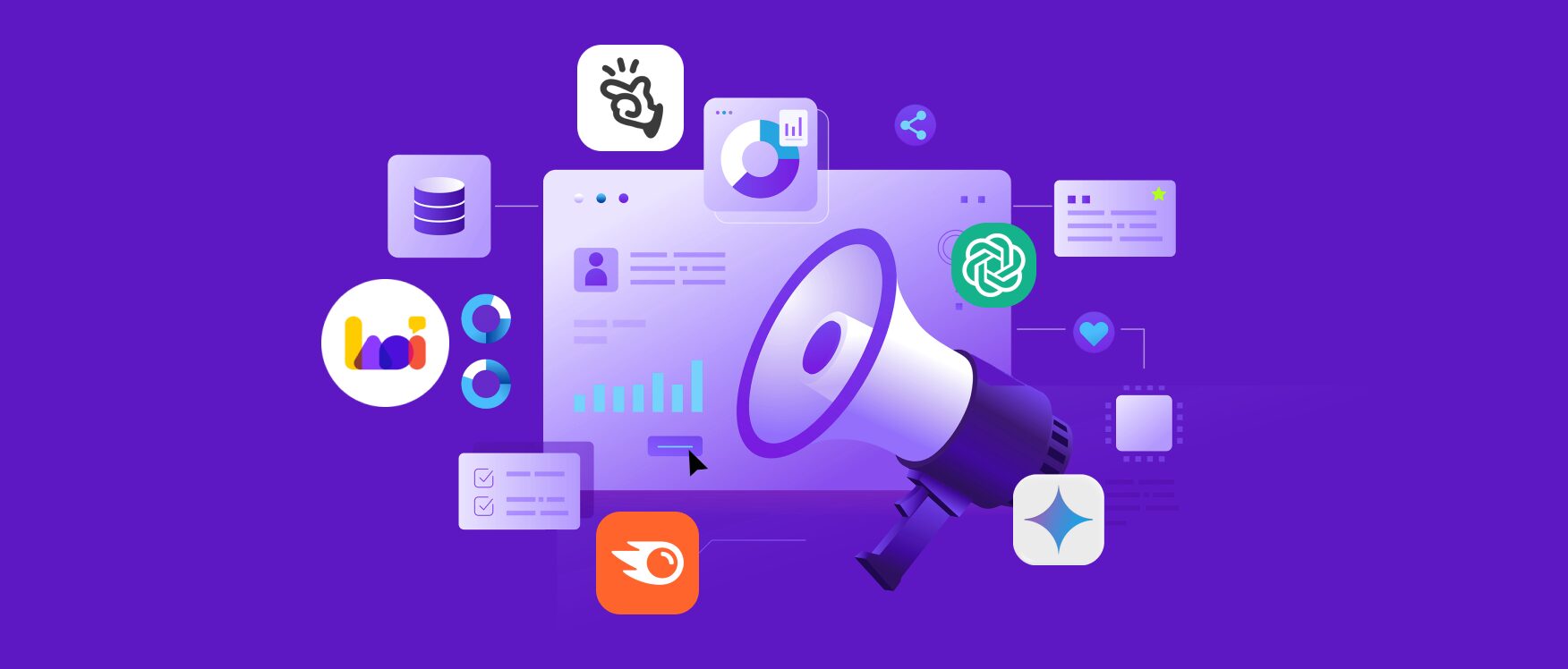 Illustration of a megaphone surrounded by various AI digital marketing tool icons like ChatGPT, Semrush, and Manus AI on a purple background.