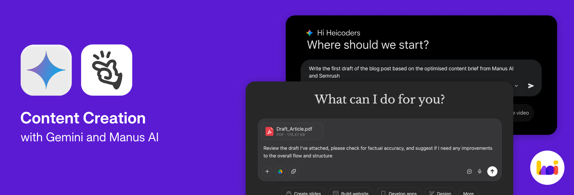 Overlapping screenshots showing Gemini drafting a blog post and Manus AI reviewing the draft for factual accuracy.