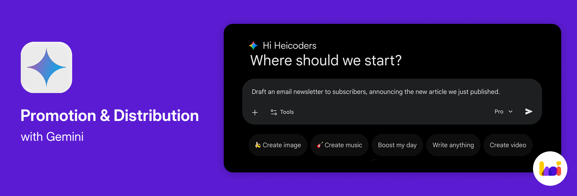 Screenshot of the Gemini interface with a prompt to draft an email newsletter announcing a newly published article.