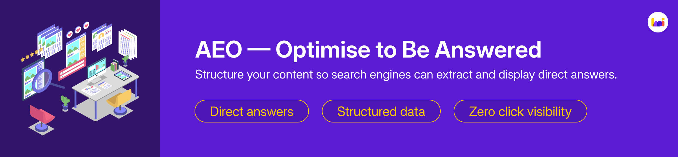 Banner explaining AEO: Optimise to be answered through direct answers and structured data.