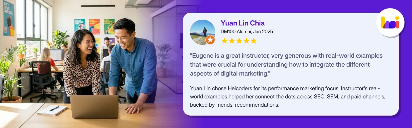 Image features student review from Heicoders Digital Marketing student, Yuan Lin Chia. 