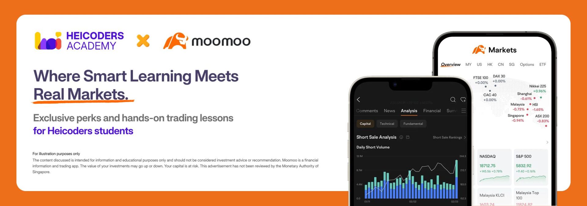 Moomoo trading app interface showing market data and global indices, highlighting exclusive perks for Heicoders students.