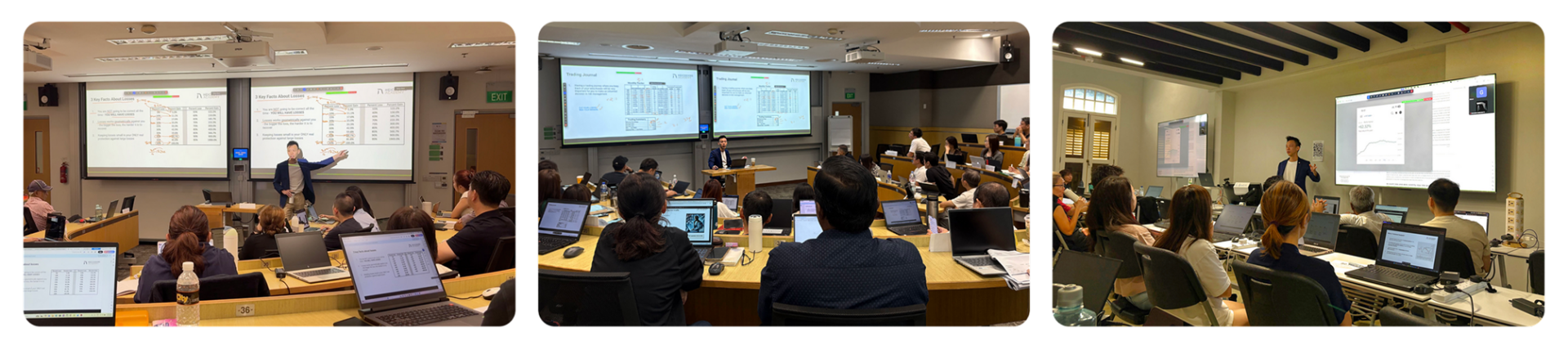 Students attending a live Heicoders Academy trading class, learning to use the Moomoo platform on their laptops.