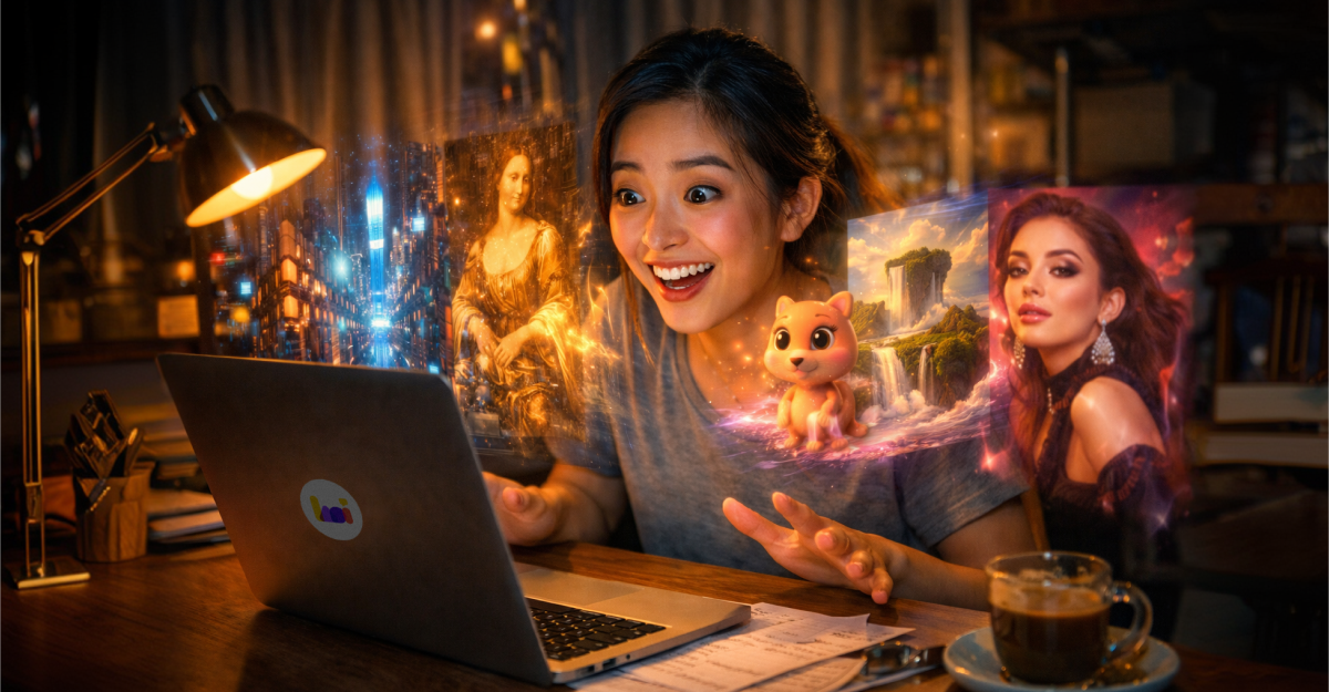 A professional workspace with multiple screens displaying AI-generated images, representing the best AI image generators for professionals.