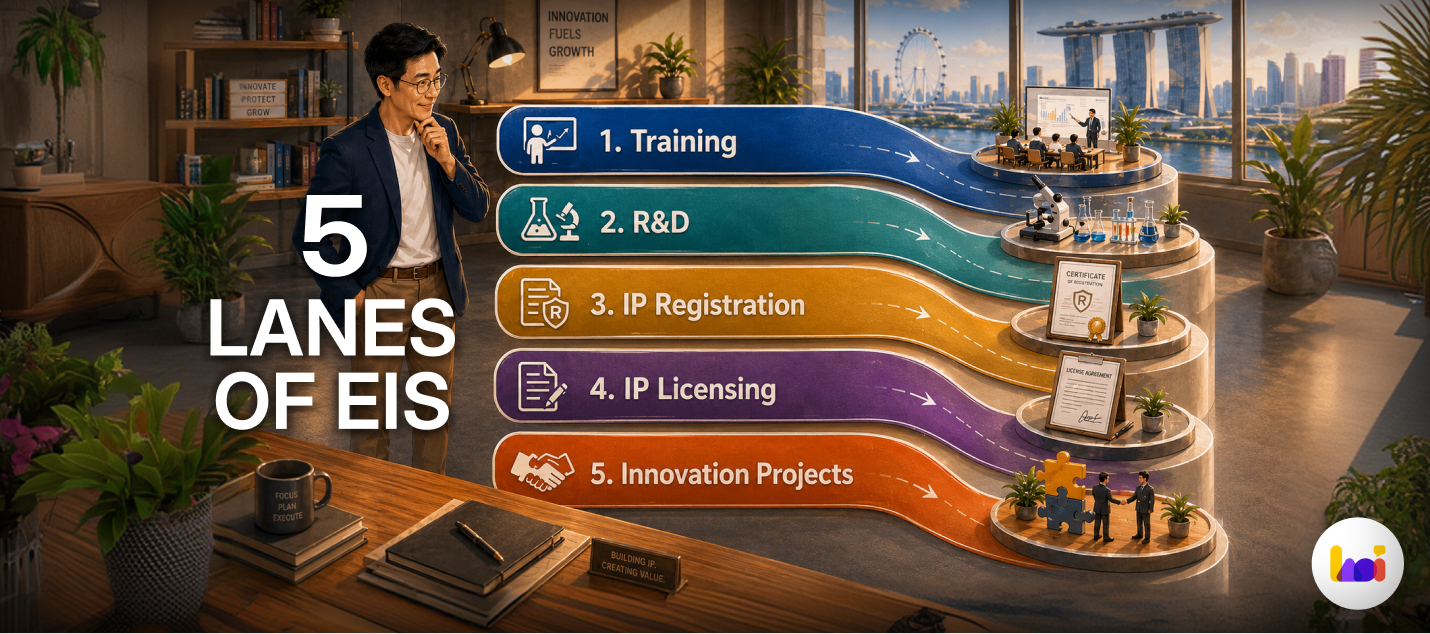 Infographic showing the five qualifying activity categories under the Enterprise Innovation Scheme (EIS) in Singapore: Training, R&D, IP Registration, IP Licensing, and Innovation Projects