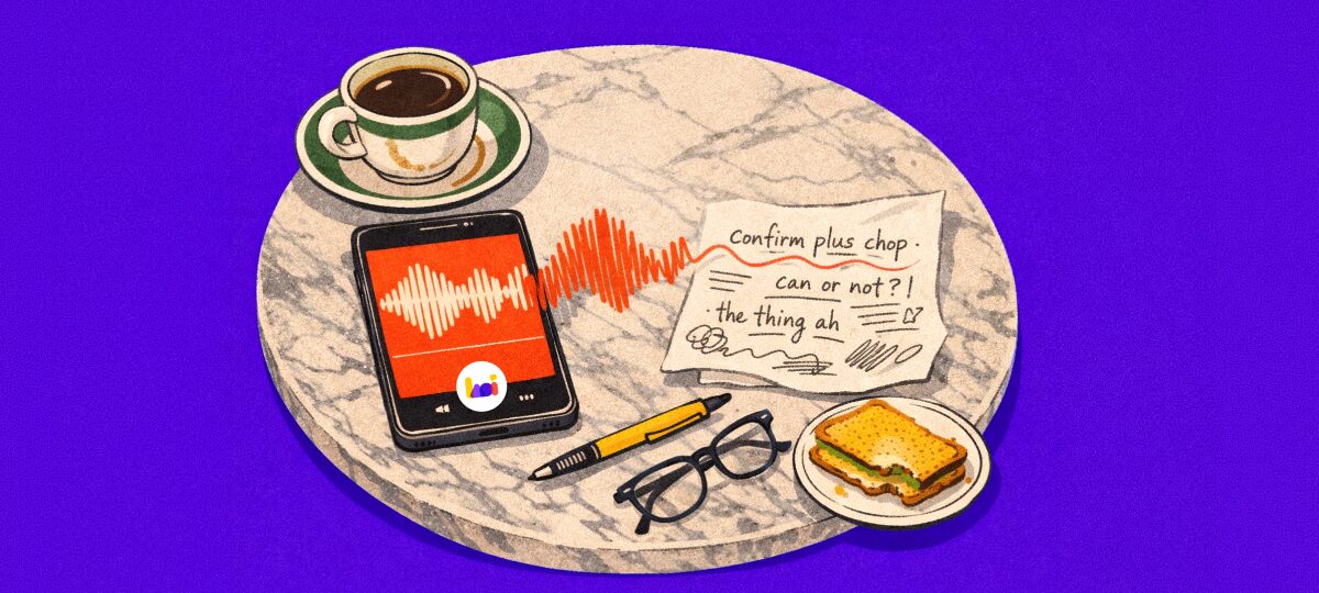 Professional recording a voice memo on a phone to capture ideas for AI content creation