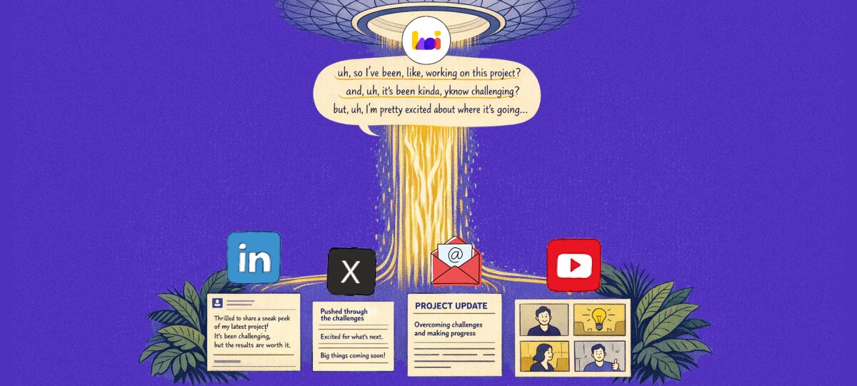Illustration of the AI repurposing waterfall turning one voice transcript into multiple content formats