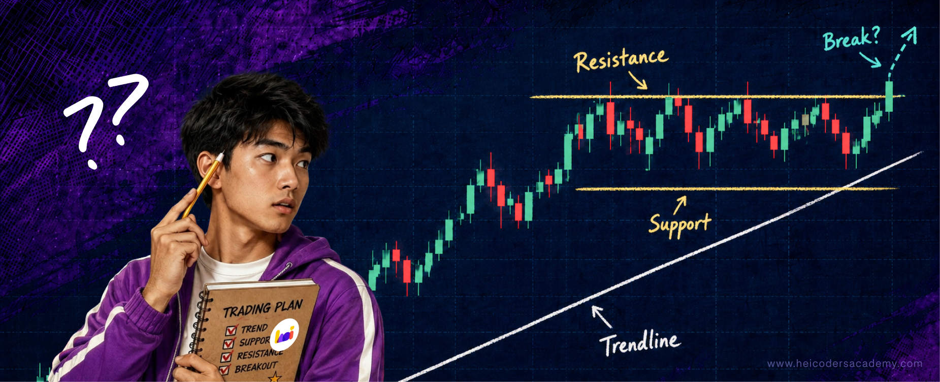 Technical analysis chart showing resistance level, support level, and trendline on a candlestick chart for Singapore traders
