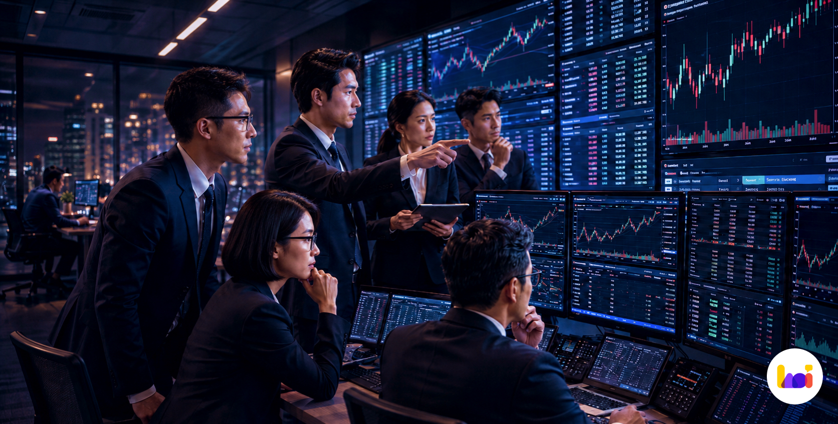 Team of institutional traders analysing live market data across multiple trading screens