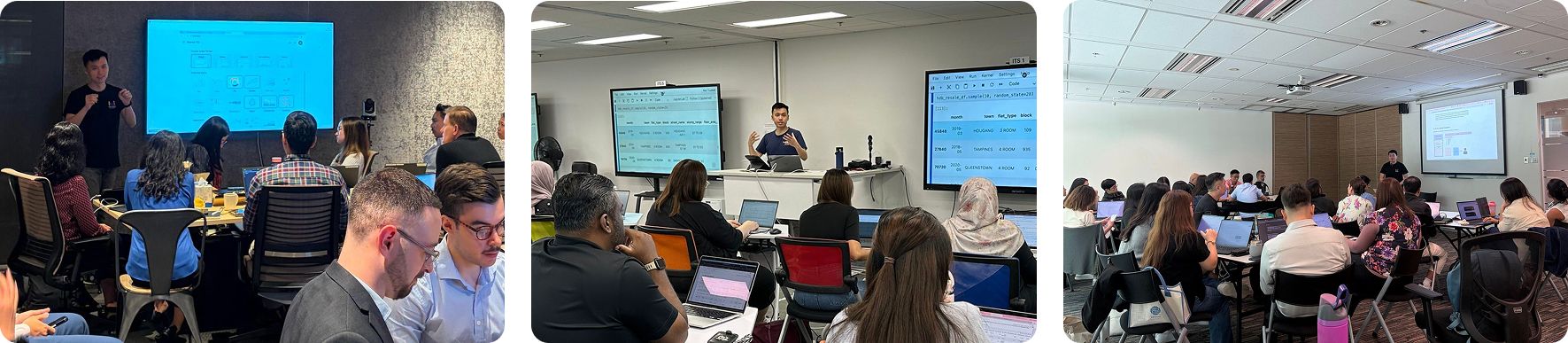 Heicoders Academy in-person training sessions — working professionals learning data analytics and AI skills in a classroom setting in Singapore