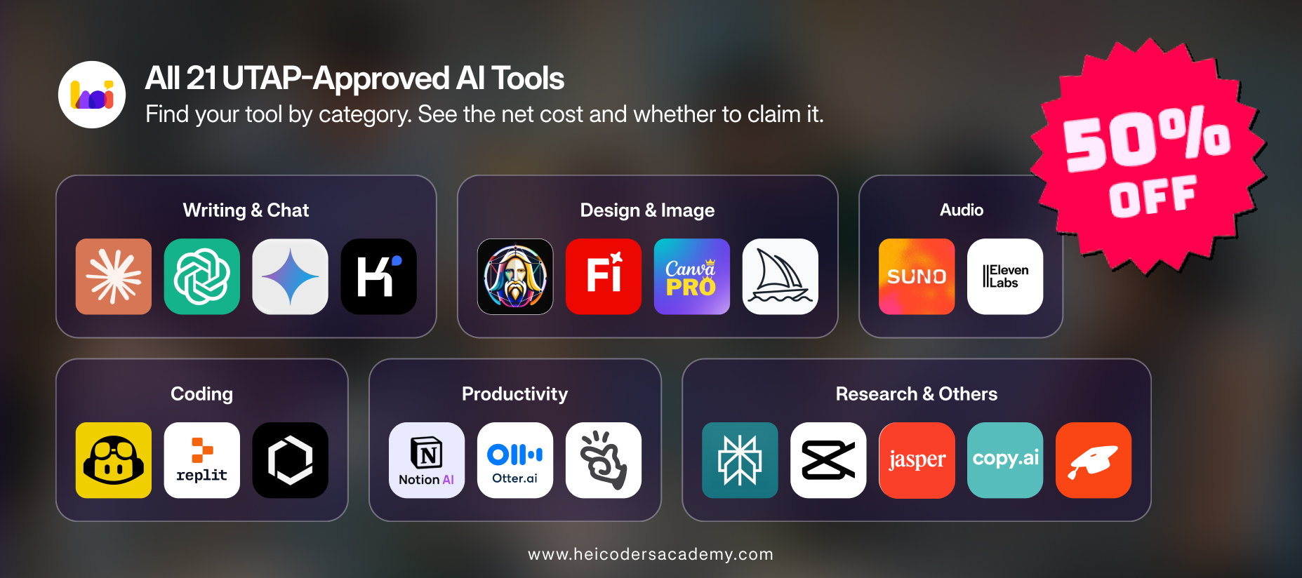 All 21 UTAP-approved AI tools in Singapore organised by category — Writing and Chat (Claude, ChatGPT, Gemini, Kimi), Design and Image (Leonardo.Ai, Adobe Firefly, Canva Pro, Midjourney), Audio (Suno, ElevenLabs), Coding (Blackbox AI, Replit, GitHub Copilot), Productivity (Notion AI, Otter.ai, Manus), Research and Others (Perplexity, CapCut, Jasper, Copy.ai, Studley AI) — with 50% off badge