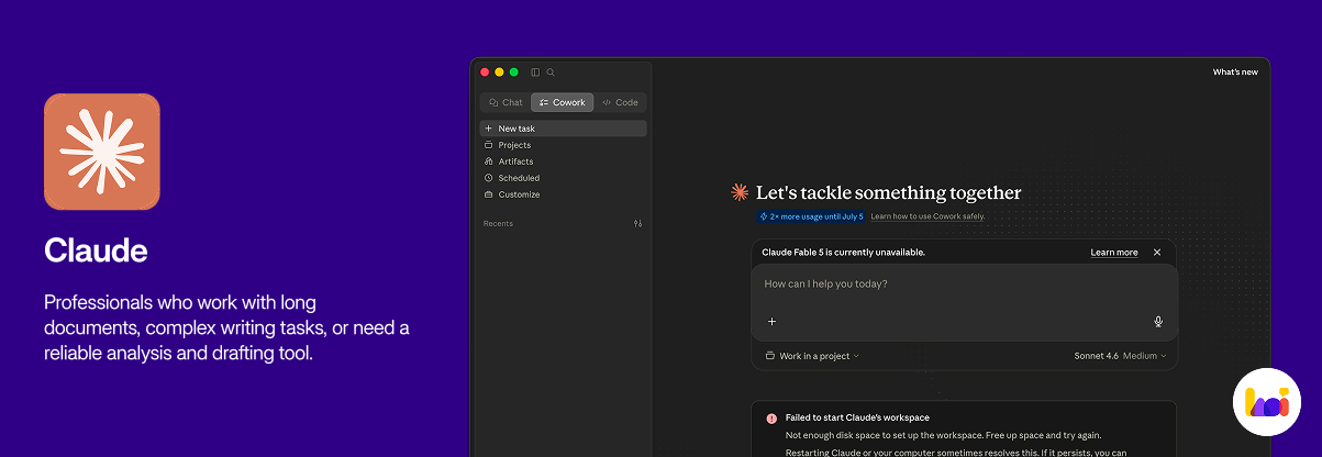Claude product card — AI assistant for long documents, structured writing, and nuanced reasoning