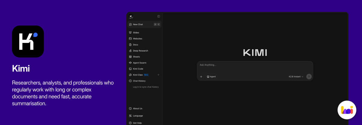 Kimi product card — AI assistant for long document analysis and research tasks

