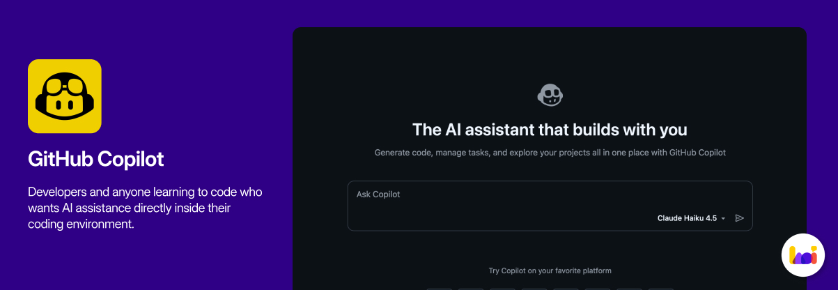 GitHub Copilot product card — AI coding assistant for developers and software engineers