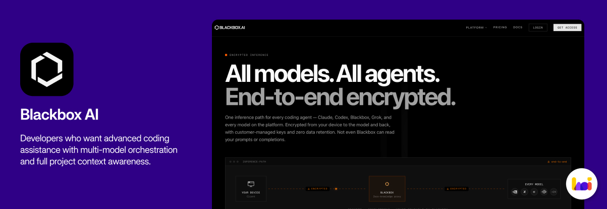 Blackbox AI product card — AI coding tool with multi-model support and advanced code generation