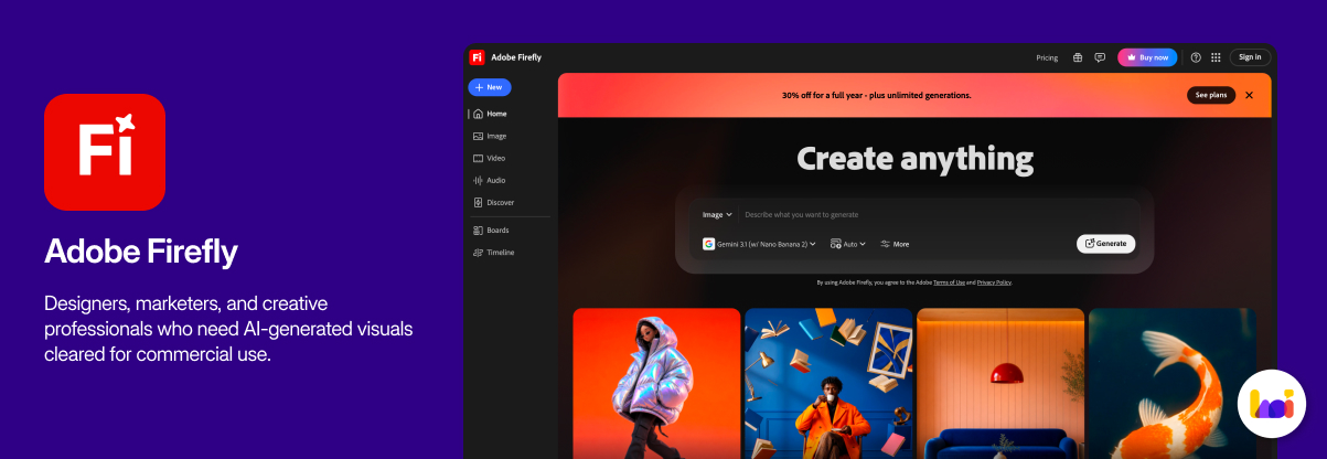 Adobe Firefly product card — AI image generation tool for commercial-safe visual content