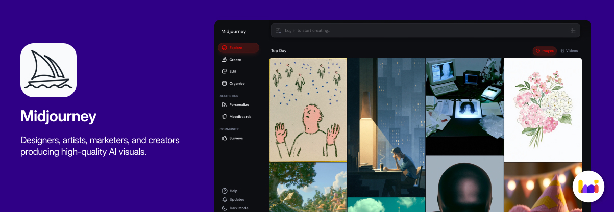 Midjourney product card — AI image generation tool for high-quality artistic visuals