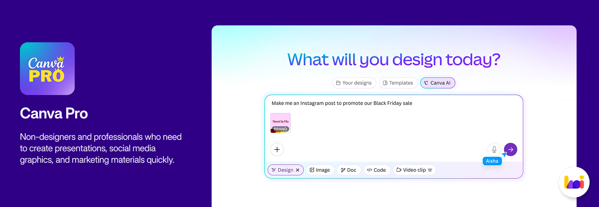 Canva product card — AI-powered design tool for presentations, social media, and visual content