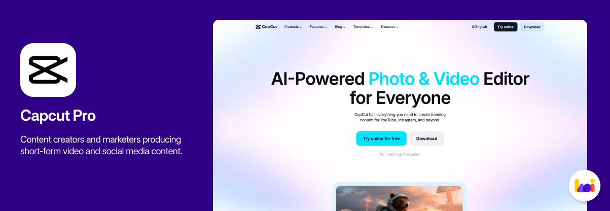 CapCut product card — AI video editing tool for short-form social media content