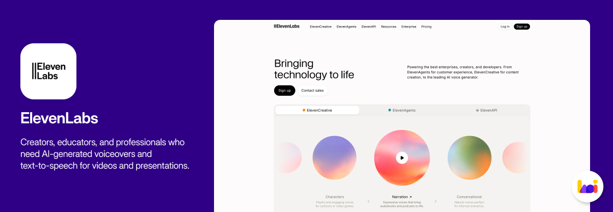 ElevenLabs product card — AI voice generation platform for voiceovers and text-to-speech