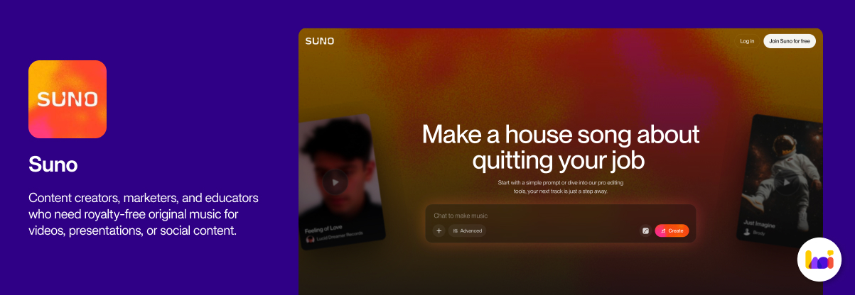 Suno product card — AI music generation tool for creating original royalty-free tracks