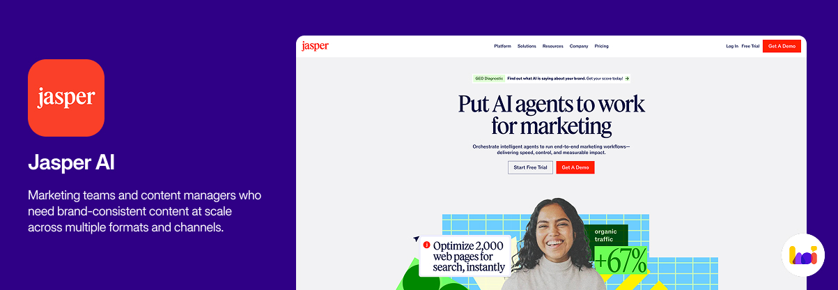 Jasper AI product card — AI content platform for marketing teams and brand content at scale

