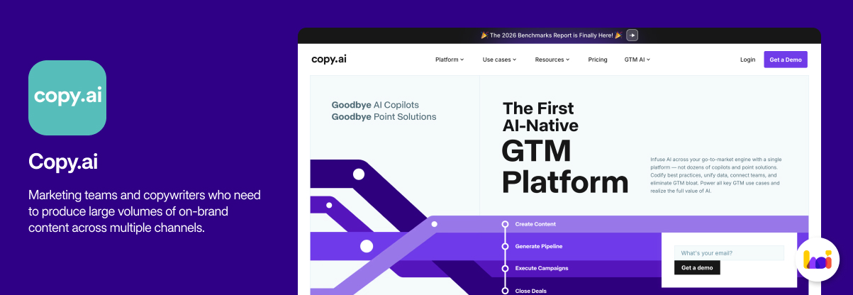 Copy.ai product card — AI copywriting tool for marketing teams producing high-volume on-brand content