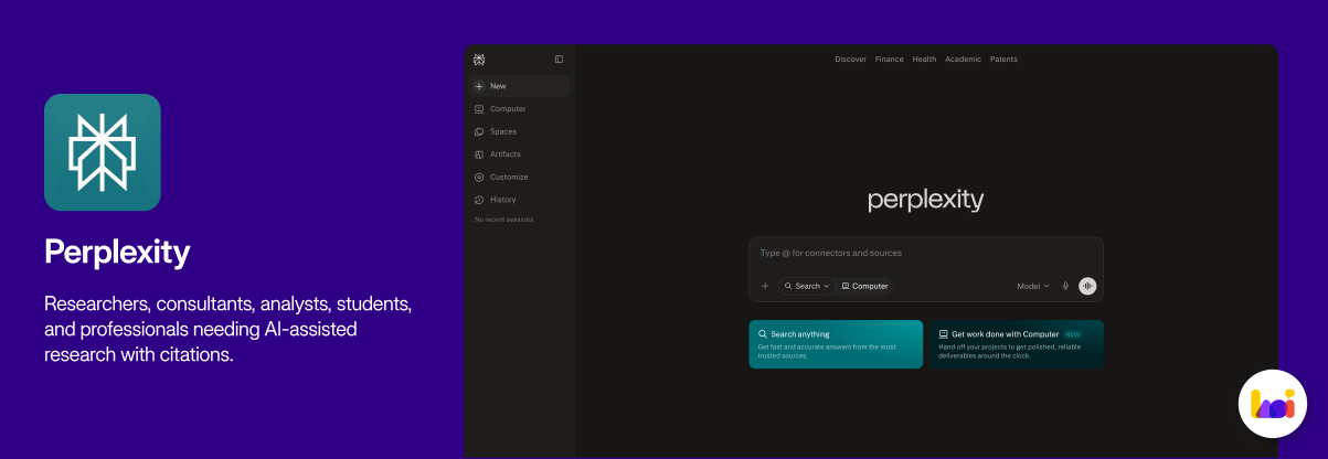 Perplexity product card — AI research engine with live web search and source citations

