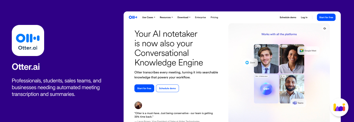 Otter AI product card — AI meeting transcription and summarisation tool for professionals