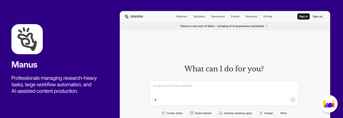 Manus product card — AI agent platform for deep research, workflow automation, and task execution