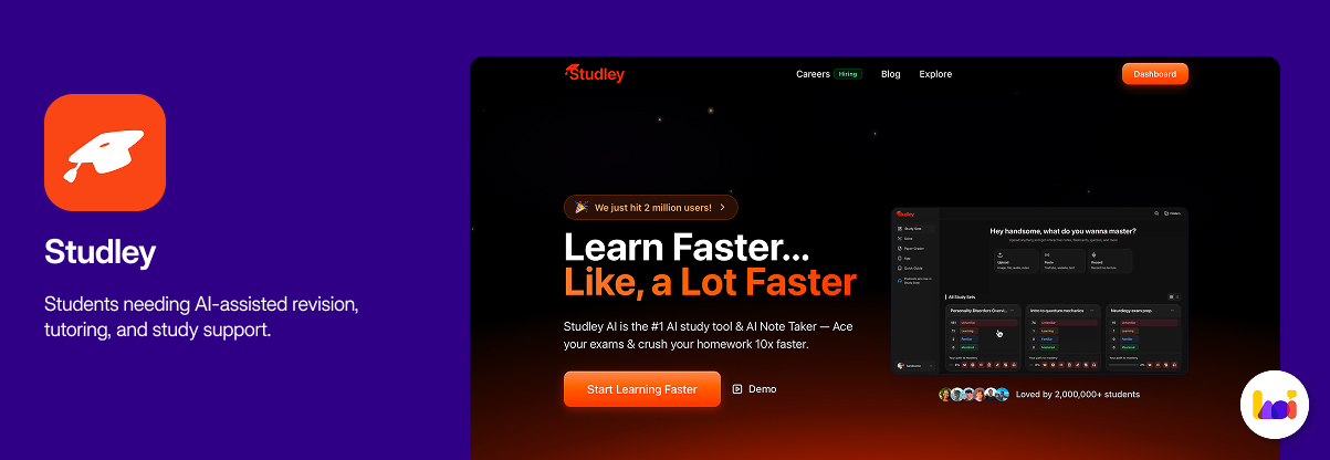 Studley AI product card — AI study assistant for students needing tutoring and revision support