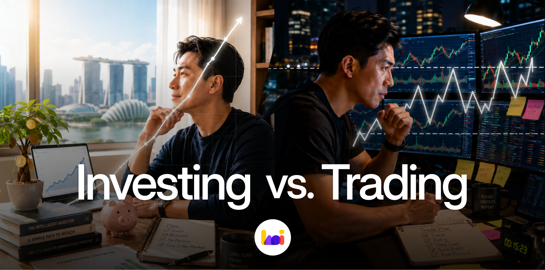 Long-term investor beside an active trader watching multiple market charts