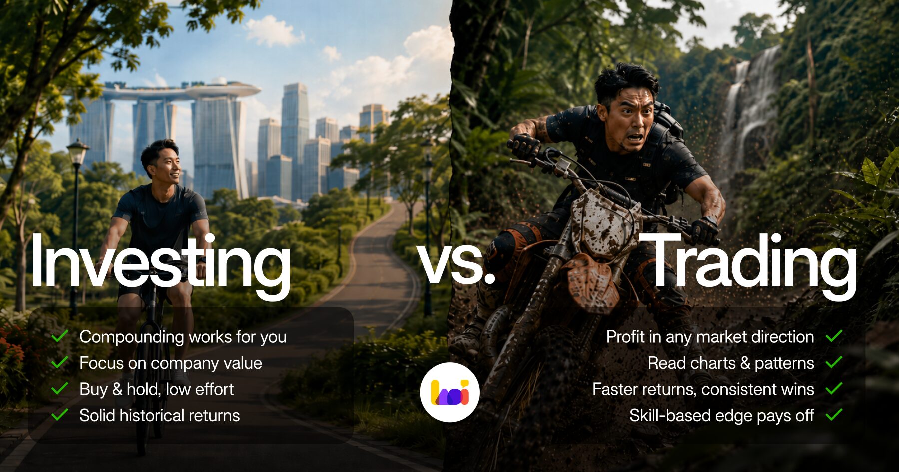 Side-by-side comparison of investing and trading traits shown as a cyclist versus a trail rider