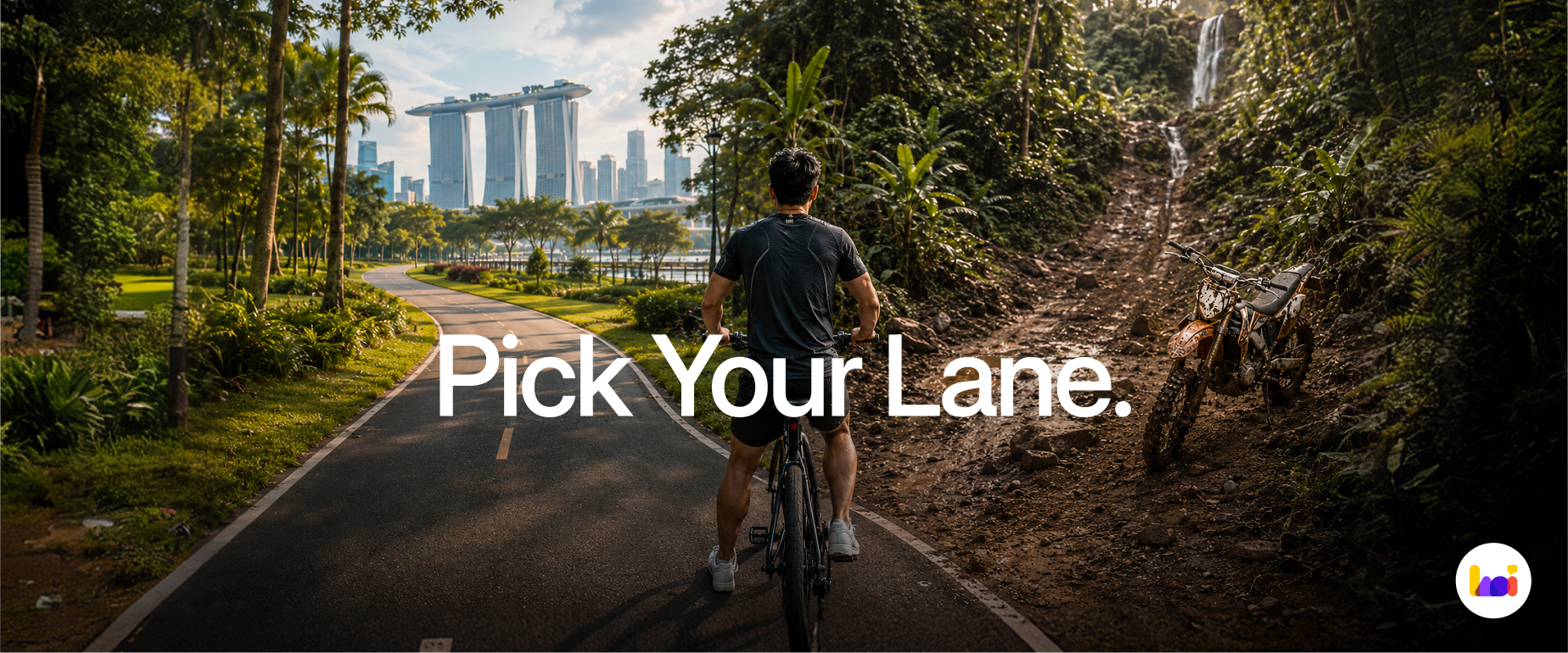 Investing vs Trading: Which is right for you Cyclist choosing between a smooth road and a rugged trail, illustrating investing versus trading choices