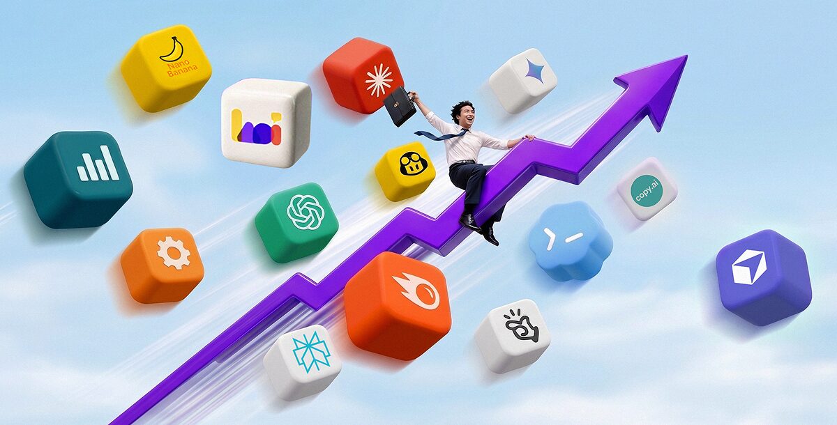 Professional advancing along an upward arrow surrounded by AI tool icons, representing workforce AI capability building