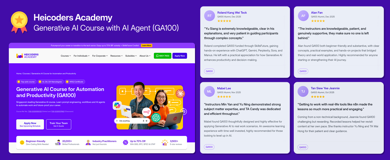 Overview card for Heicoders Academy's GA100 course with four learner review excerpts.