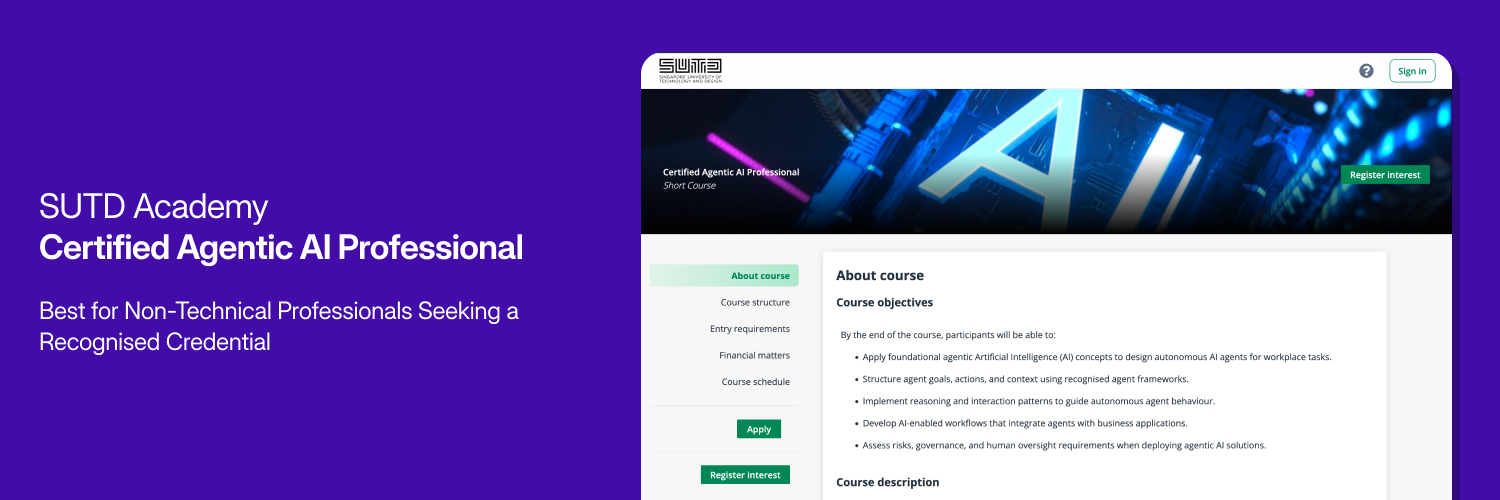 Overview card for SUTD Academy's Certified Agentic AI Professional course.