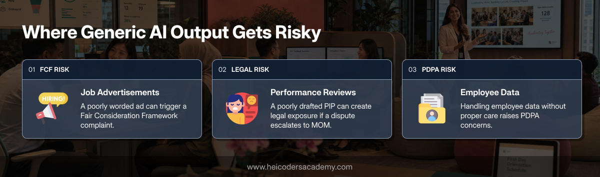 Three risk categories for generic AI HR output: FCF, legal, and PDPA risk.