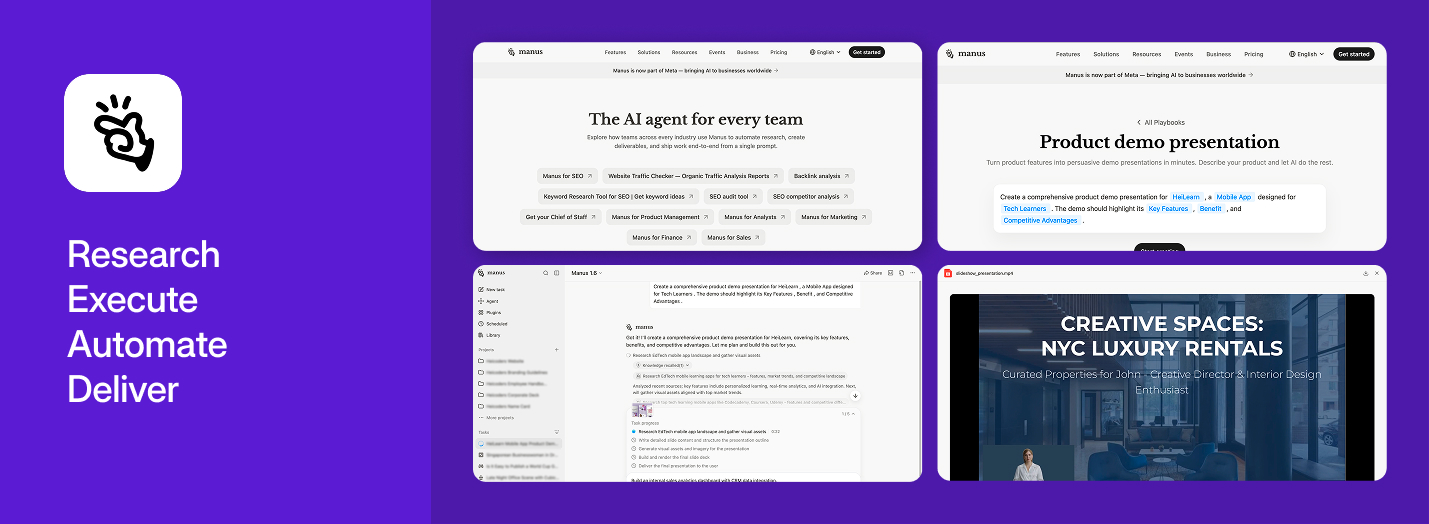 Manus AI platform interface showing research, execution, automation, and delivery capabilities across four product demo screens