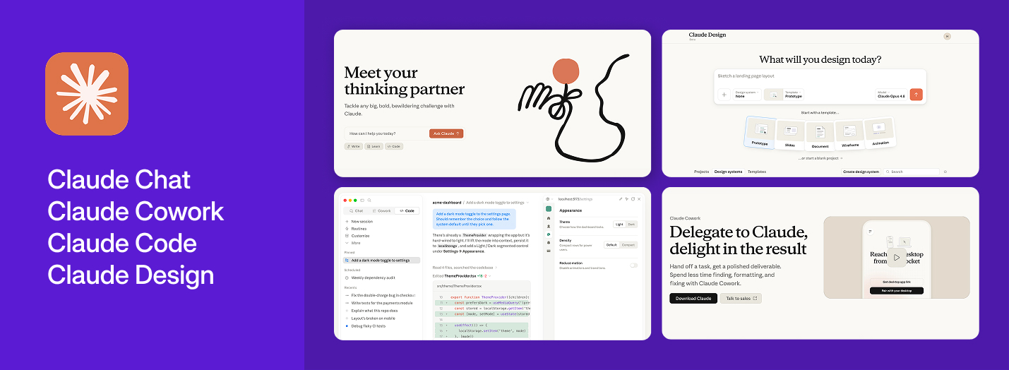 Claude platform overview showing four products: Claude Chat with the "Meet your thinking partner" homepage, Claude Code in a terminal coding session, Claude Design with the UI design interface, and Claude Cowork with the "Delegate to Claude, delight in the result" screen