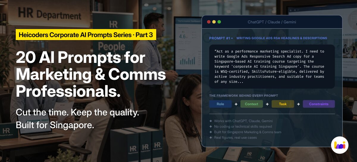 Four-part marketing AI prompt framework showing Role, Context, Task, and Constraints with marketing-specific examples