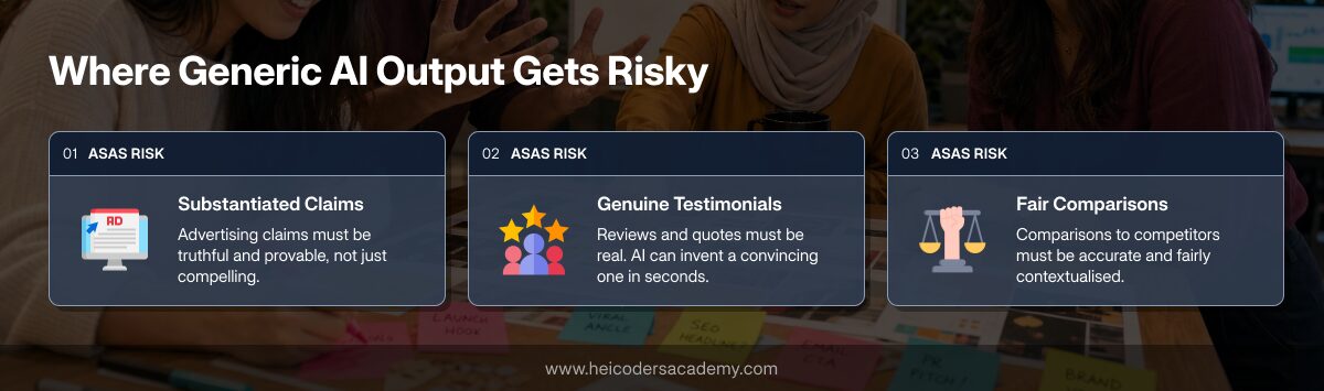 Three ASAS risk areas for AI-generated marketing copy in Singapore: substantiated claims, genuine testimonials, and fair comparisons