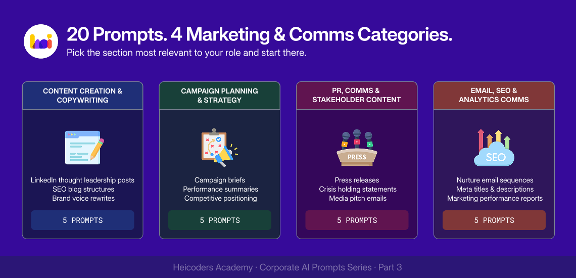 Overview of 20 AI prompts for marketing professionals across four categories: Content Creation and Copywriting, Campaign Planning and Strategy, PR and Communications, and Email, SEO, and Analytics