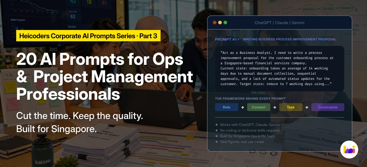 Article hero for 20 AI prompts for operations and project management professionals, with an example prompt panel