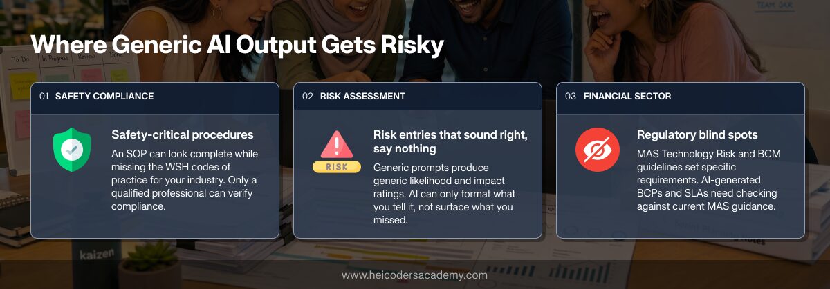 Three areas where generic AI output gets risky in operations: safety compliance, risk assessment, financial sector