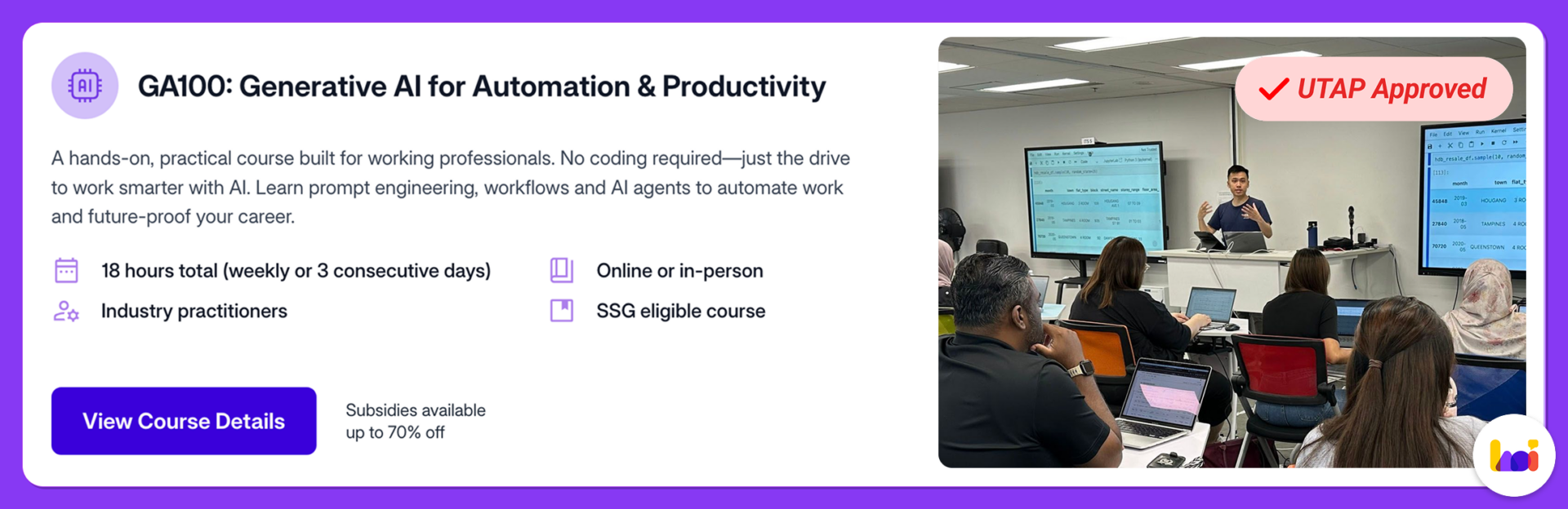 Heicoders Academy GA100 Generative AI course card showing WSQ accreditation, UTAP approval, and subsidies of up to 70 percent