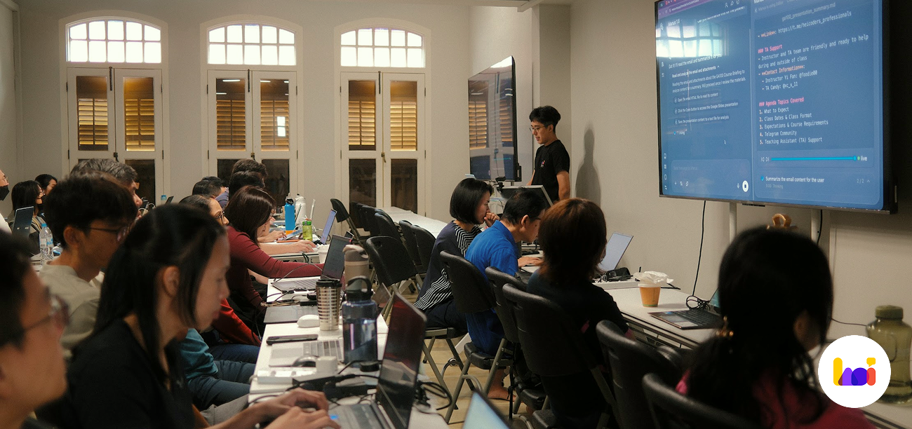 Professionals attending a hands-on AI training session in a classroom setting at Heicoders Academy