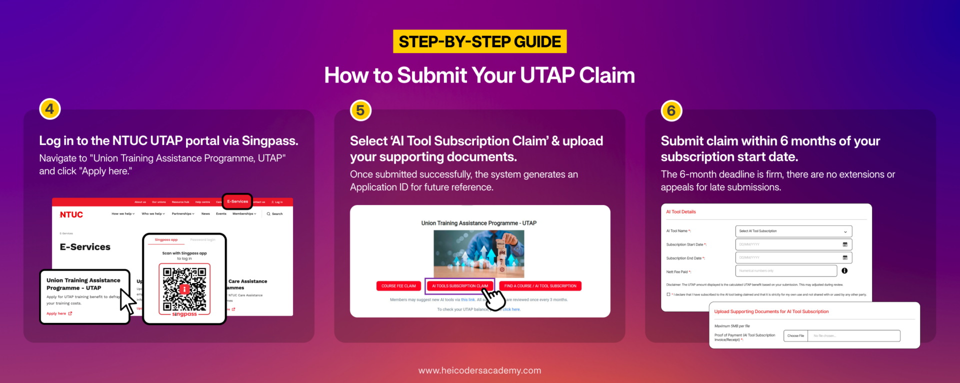 Step-by-step graphic showing UTAP claim steps four to six: log in via Singpass, submit the AI tool subscription claim, and claim within six months